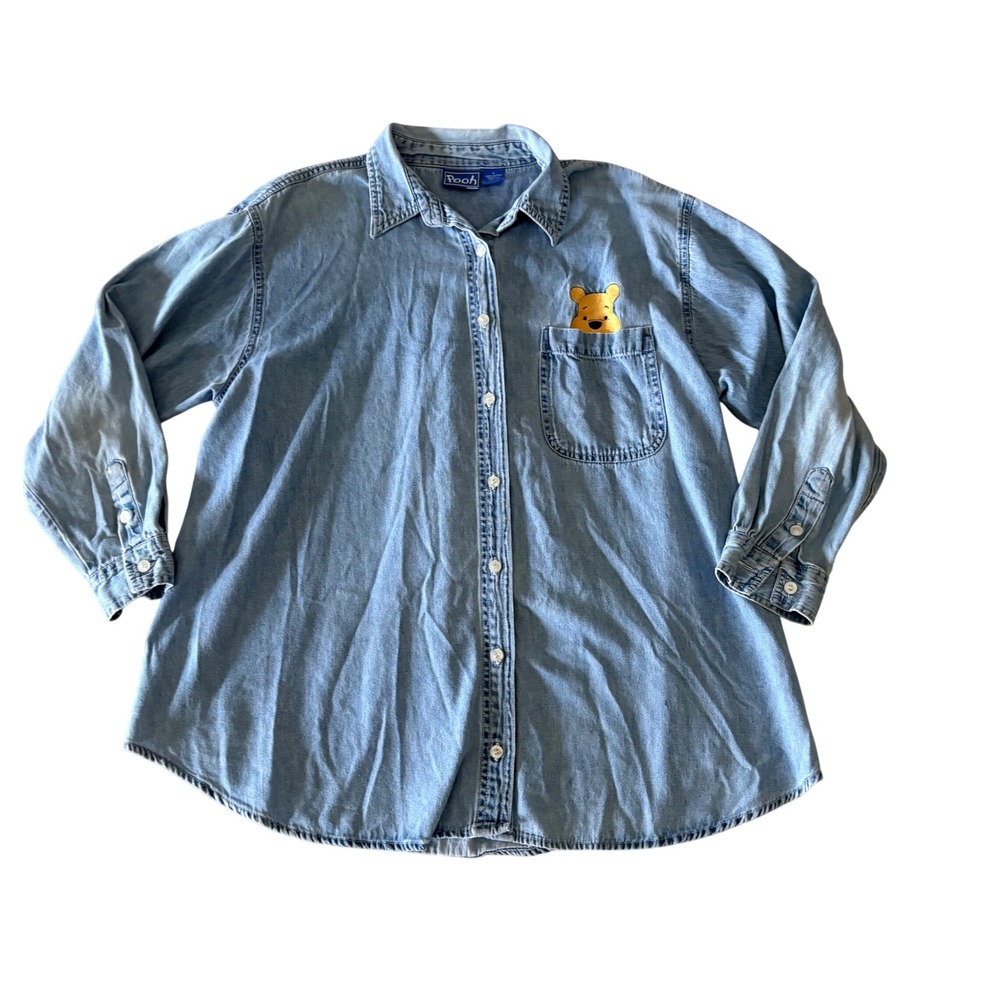 Vintage Disney Winnie the Pooh Denim Button Down Shirt Light Wash Small
